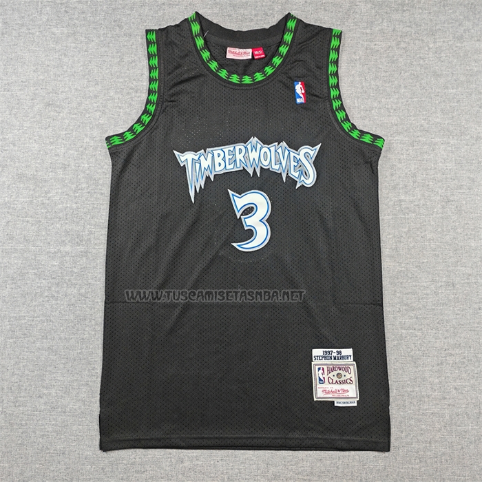 Camiseta Stephon Marbury NO 3 Minnesota Timberwolves Mitchell & Ness 1997-98 Negro
